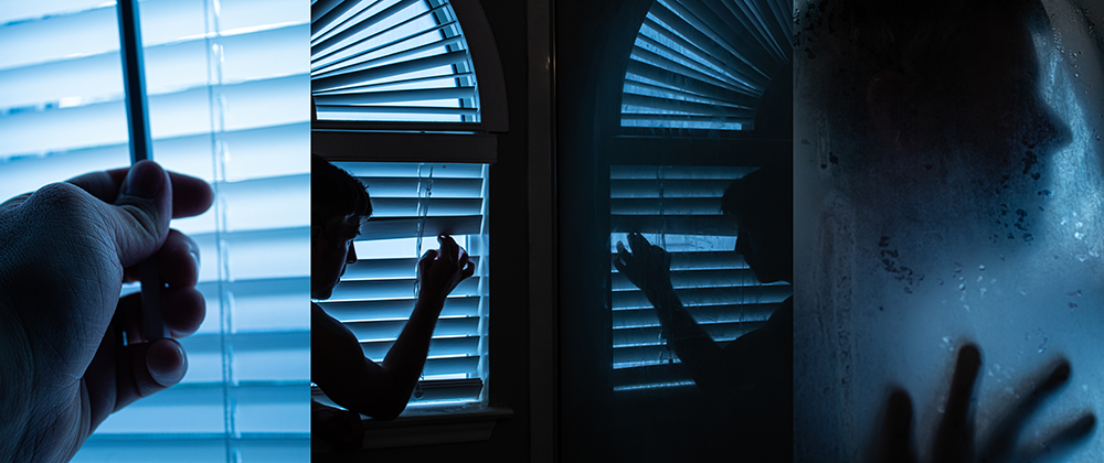 photographs of hand holding blinds wand, man looking through blinds, and silhouette of man in foggy shower