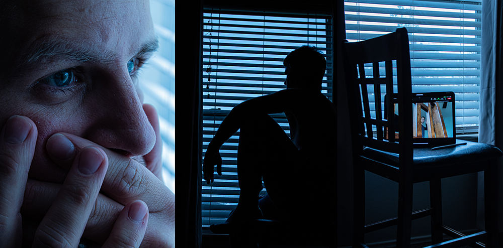 photograph of man placing hands over mouth, silhouette of man looking out window, and tablet of zoom call on chair.